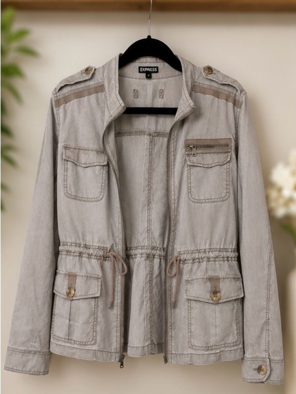 Express Women’s Beige Utility Jacket with Drawstring Waist